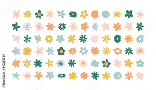 Trendy floral icon illustration set. Vintage style flowers on isolated background. Colorful pastel color spring doodle collection. Wedding nature symbol, romantic graphic bundle.