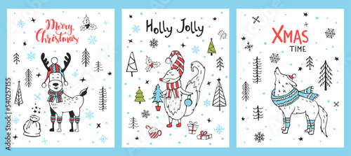 merry christmas, holly jolly fun xmas time greeting cards set templates with cute cartoon deer arctic fox and white wolf , scandinavian style vector illustration