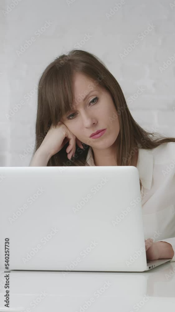 Woman working at office desk with laptop computer, looking bored, getting a pile of documents and new work from boss. Woman working at office desk with laptop computer, looking bored, getting a pile of documents and new work from boss.