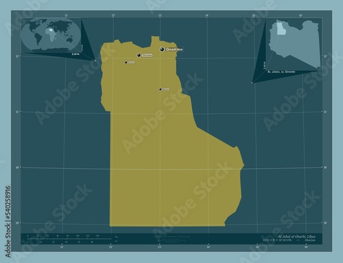 Al Jabal al Gharbi, Libya. Solid. Labelled points of cities photo
