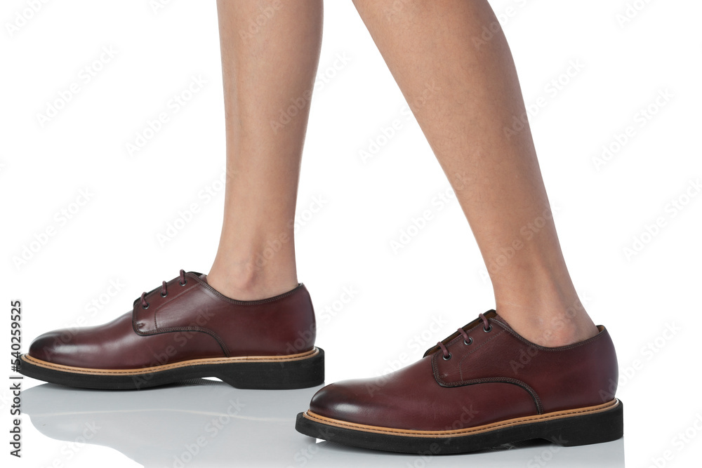 Men wearing leather shoes standing pose of side view isolated on white background