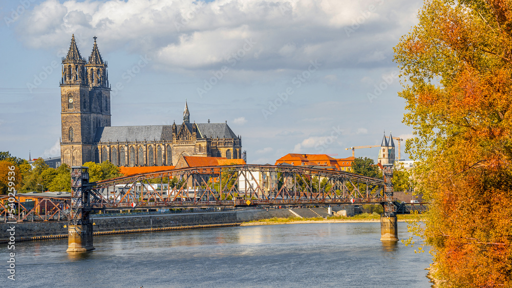 Historical downtown of Magdeburg, old town, Elbe river, old footbridge ...