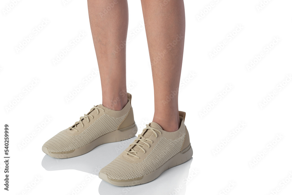 Men wearing sneakers shoes standing pose of side view isolated on white background