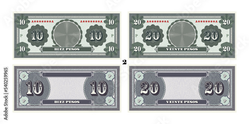 Vector set of obverse and reverse, paper gaming banknotes. Ten and twenty pesos are written in Spanish. Sample bills. Empty circle, vintage guilloche frames and grids. Part 2