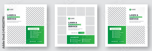 Agriculture and Farming service social media post and web banner template. Lawn and Gardening service social media template. Lawn Mower Garden or Landscaping service social media post in green layouts