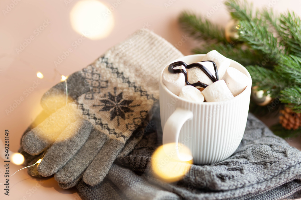 mug full of marshmallow hot chocolate and winter gloves