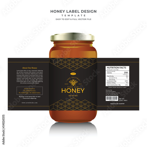 Honey bee black label design with bottle mock up file jar label honey food label creative minimal design template.
