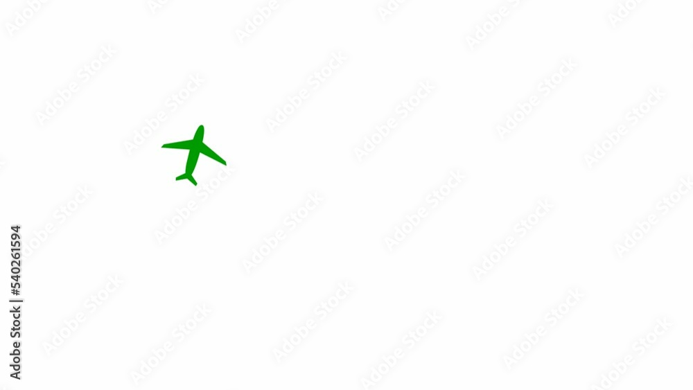Animated green plane flies along circle a trajectory. Concept of airplane travel. Trip around the world. Looped video. Flat illustration isolated on a white background. Animated green plane flies along circle a trajectory. Concept of airplane travel. Trip around the world. Looped video. Flat illustration isolated on a white background.