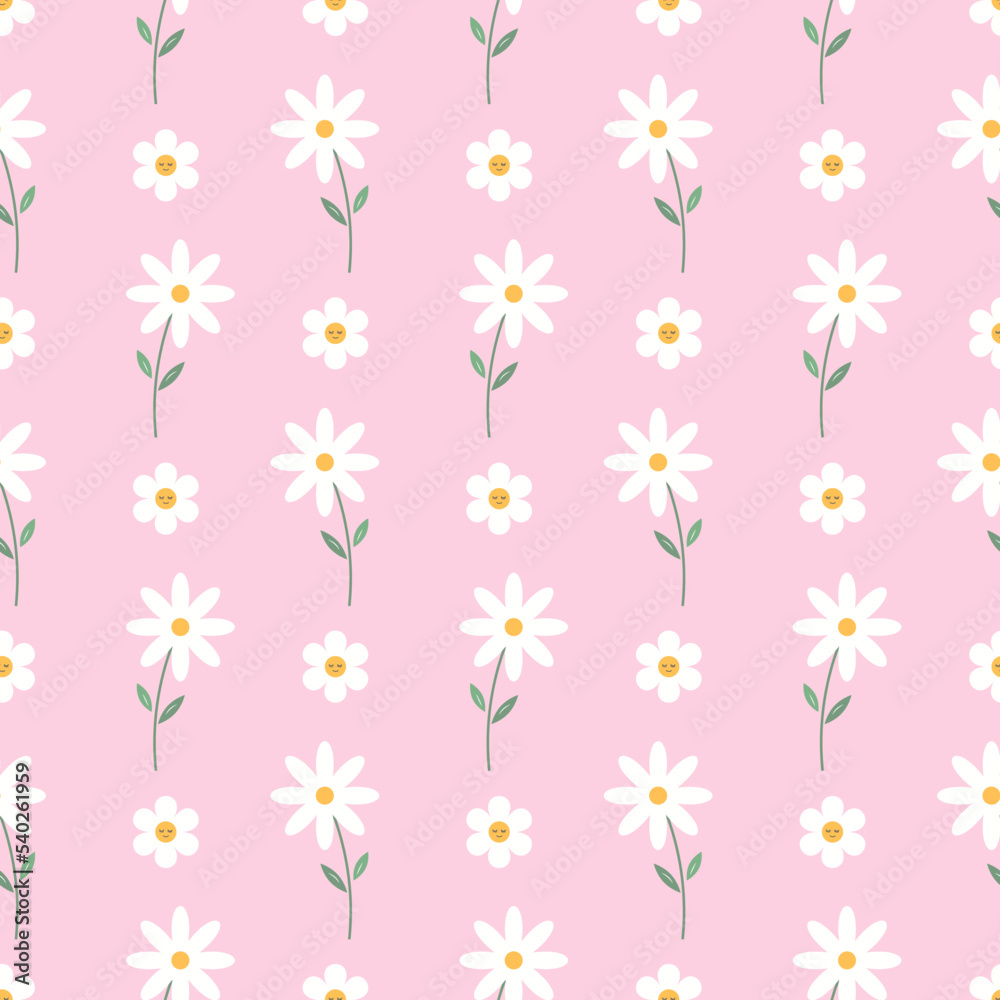 Pink Vector seamless daisy trendy pattern Garden flat flower botanical pastel pattern vector design for fabric, wallpaper and all prints white background color. Cute pattern Small chamomile flower