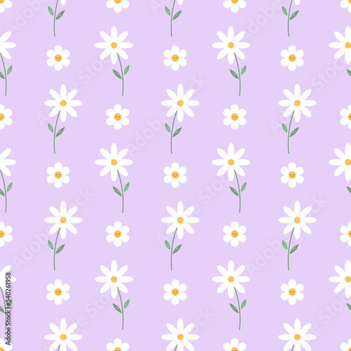 Purple Vector seamless daisy trendy pattern Garden flat flower botanical seamless pattern vector design for fabric, wallpaper and all prints white background color. Cute pattern Small chamomile flower © Bodega