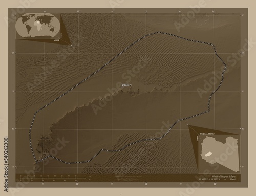 Wadi al Hayat, Libya. Sepia. Labelled points of cities photo