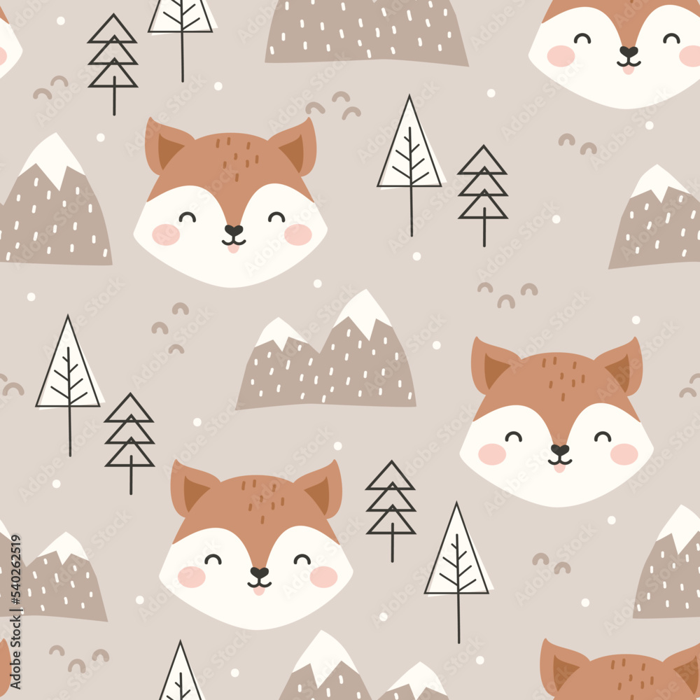 Cute hand drawn seamless pattern with Fox, forest elements and snowy ...