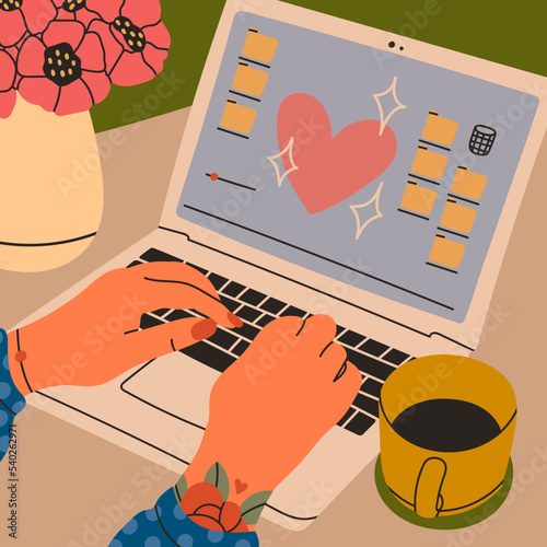 Female hands working on laptop. Coffee, flowers on working desk. Point of view on Laptop screen. Working, studying, work from home concept. Hand drawn modern Vector illustration