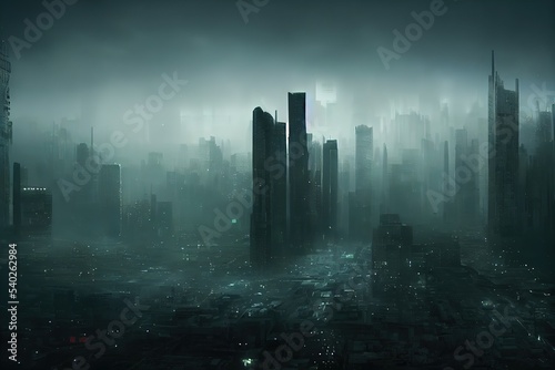 City wallpaper. Dystopian futuristic cyberpunk city at night in a neon haze. 3d rendering. Raster illustration.