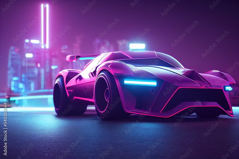 cyberpunk. Sports futuristic car on neon cyberpunk background. 3d render. 3D illustration