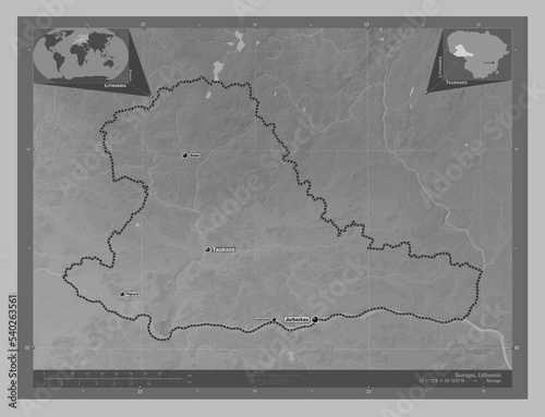 Taurages, Lithuania. Grayscale. Labelled points of cities photo