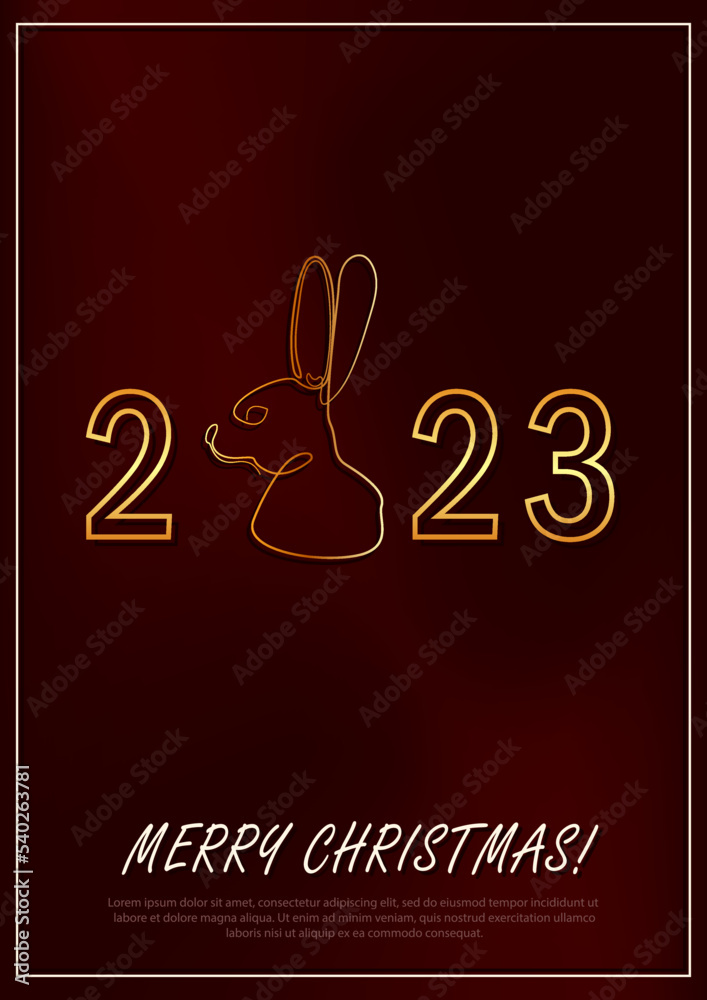 Greeting card with linear rabbit as a symbol of 2023 New Year. Bunny as Chinese traditional horoscope sign on dark red gradient background. A4 postcard for Christmas holidays. Single line art