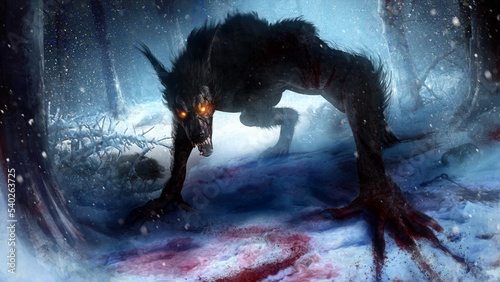 The sinister werewolf, who bared his bloody teeth, is on all fours, in the shadow of the winter forest with his glowing eyes, he is wounded in a fight with the dead warriors around 3d rendering art photo