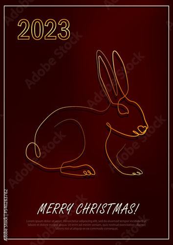Greeting card with linear rabbit as a symbol of 2023 New Year. Golden bunny as Chinese traditional horoscope sign on dark red gradient background.  A4 postcard for Christmas holidays. Single line art