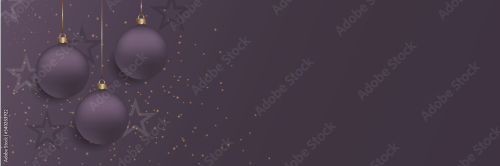 Christmas and New Year design. 3D rendering of realistic Christmas balls and decorative golden glitters and stars hanging on gold chains.. Elegant festive vector banner Christmas and New Year design. 3D rendering of realistic Christmas balls and decorative golden glitters and stars hanging on gold chains.. Elegant festive vector banner