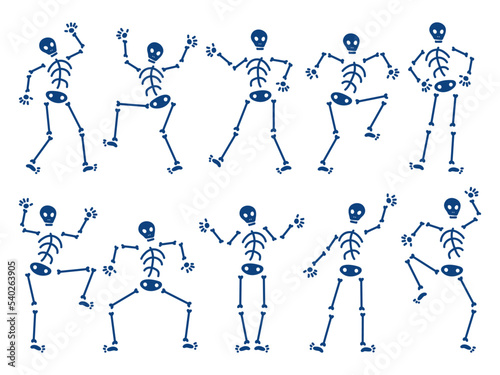 Set with skeletons in different poses for print design, web, sticker, media, posters. Halloween vector funny set. Monochrome isolated.