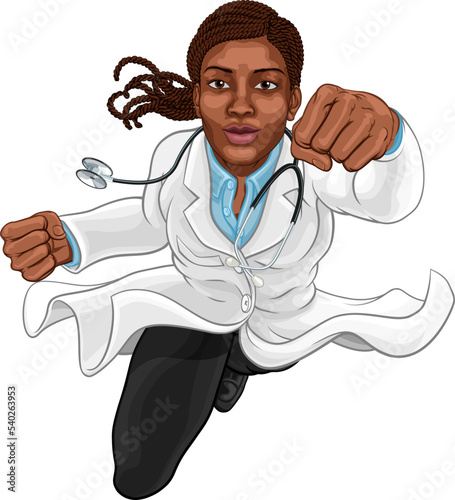 A super hero black woman female doctor flying through the sky in a classic superhero pose