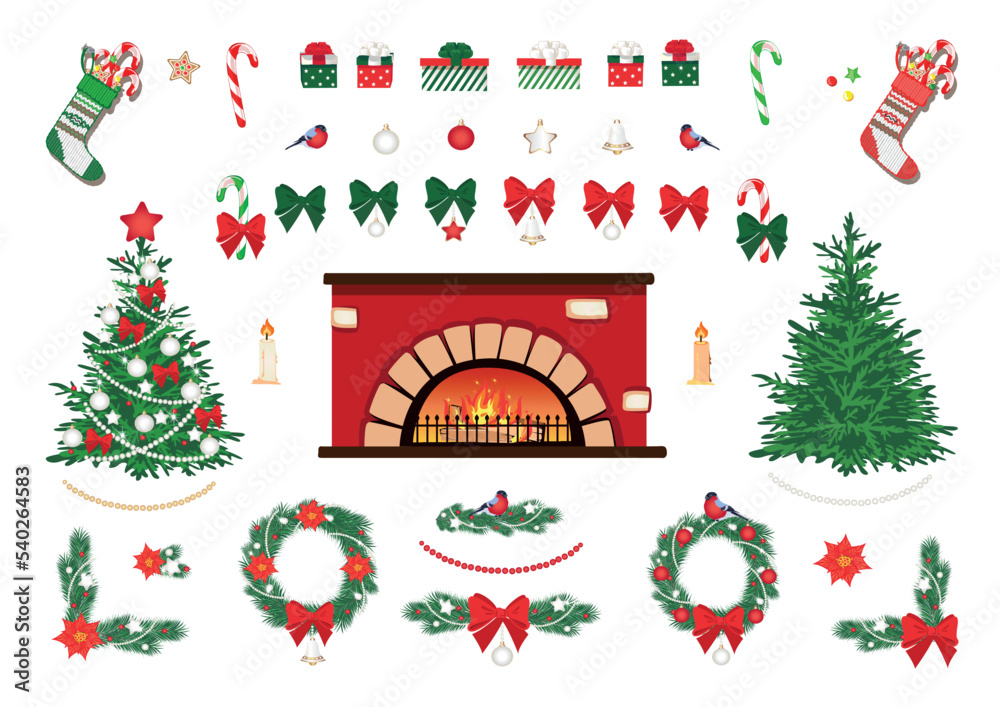 Big Christmas decoration set of fireplace, Christmas tree, bows, gifts, balls, bells, stars and socks with sweets. Vector illustration in cartoon style.