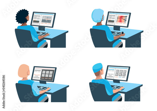Vector set of doctors sitting with their backs at the computer. The doctor performs a surgical operation, a tomogram or monitors the patient's condition through a monitor. Medical technologies.