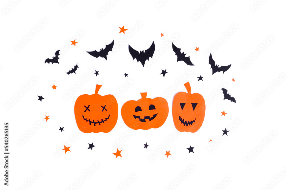 Happy halloween pumpkin smile and bats make from black paper cut on white background, Decorative Halloween concept