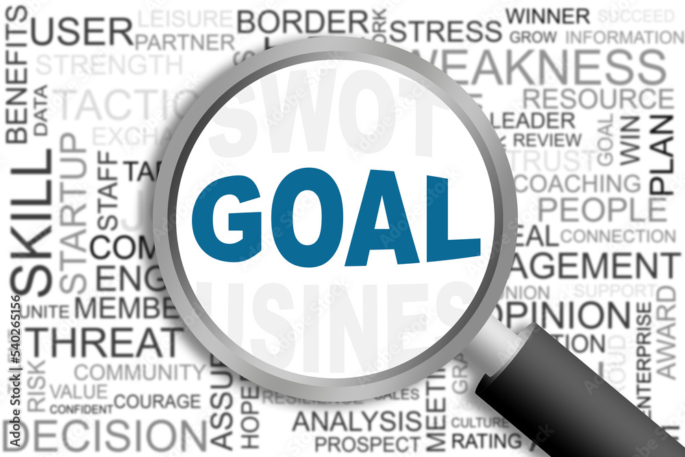 Goal word cloud under magnifying glass for business concept Goal word cloud under magnifying glass for business concept