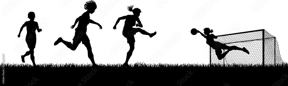 Women players footballers in silhouette scene playing a soccer or football match on a pitch Women players footballers in silhouette scene playing a soccer or football match on a pitch