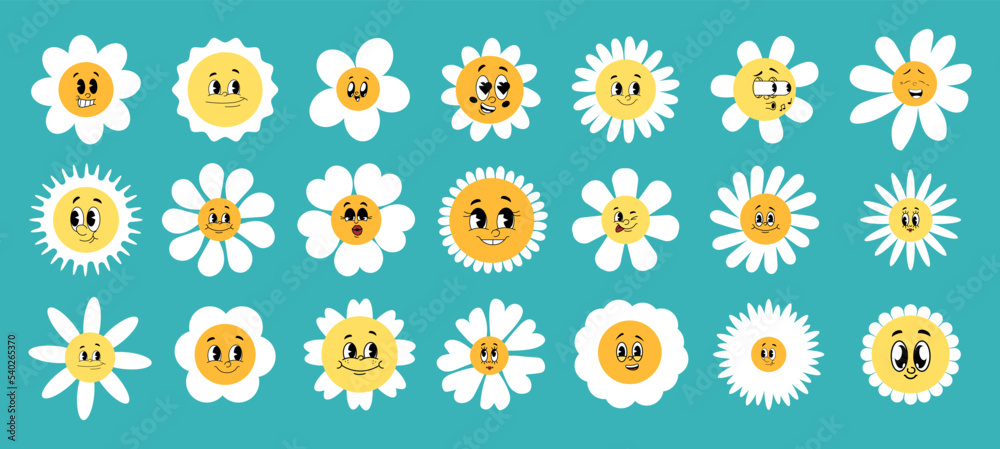 Chamomile with cartoon funny smiling faces set. Cute daisy flower characters. Cute camomile wheel happy emotion. Kids logo design with daisies vector illustration. Smile floral flower, bloom camomile.