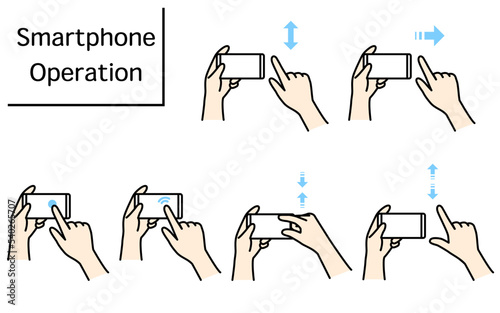スマートフォンを操作（ピンチ・ズーム・スワイプ・フリック・タップ・ダブルタップ）する動作のイラスト