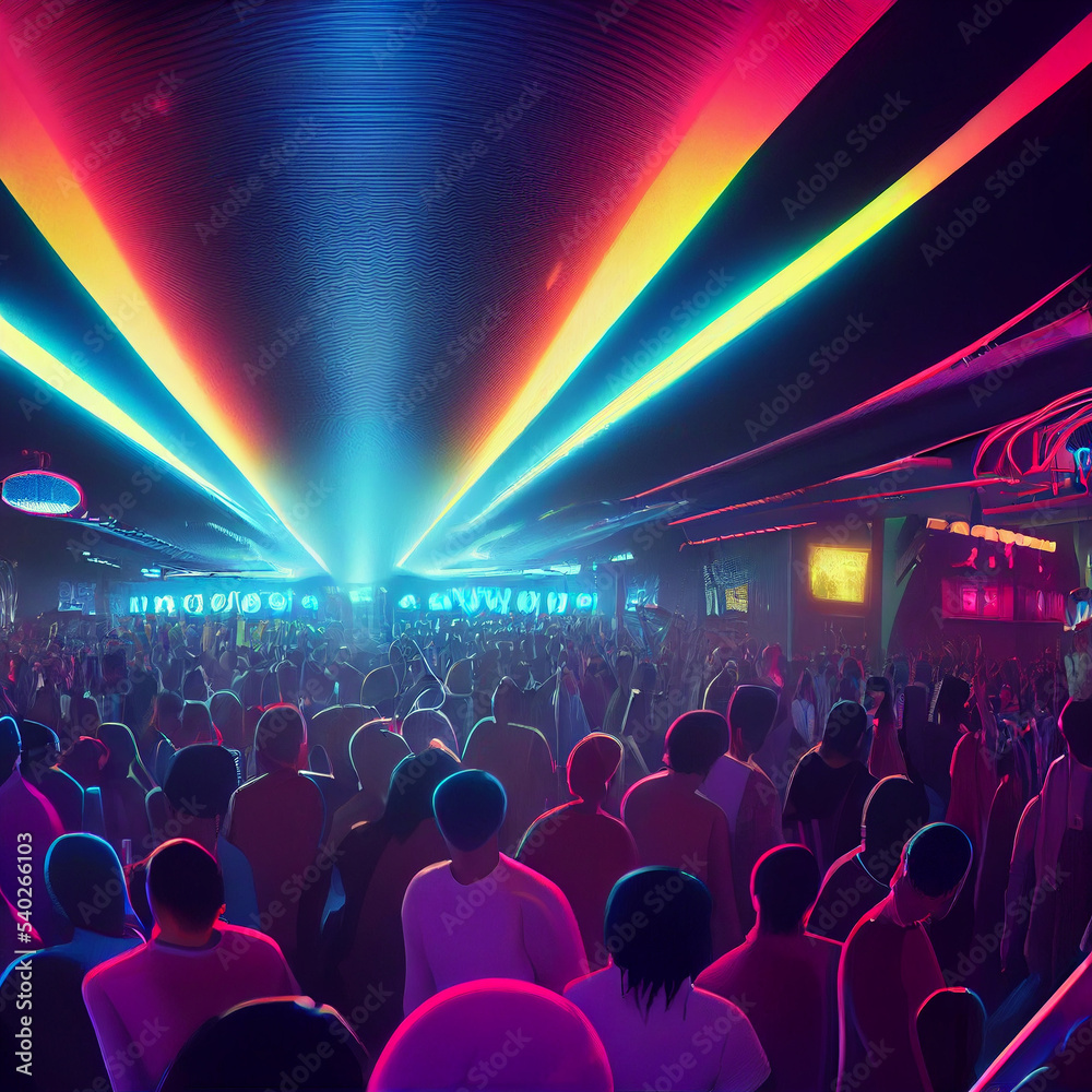 A huge crowded disco party in a nightclub. Disco. Nightclub. Big party  Stock Illustration