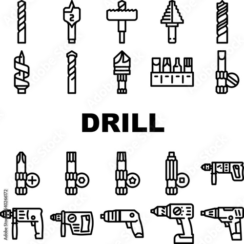 drill equipment construction icons set vector. machine power, industry work, industrial tool, drilling electric technology, repair drill equipment construction black contour illustrations