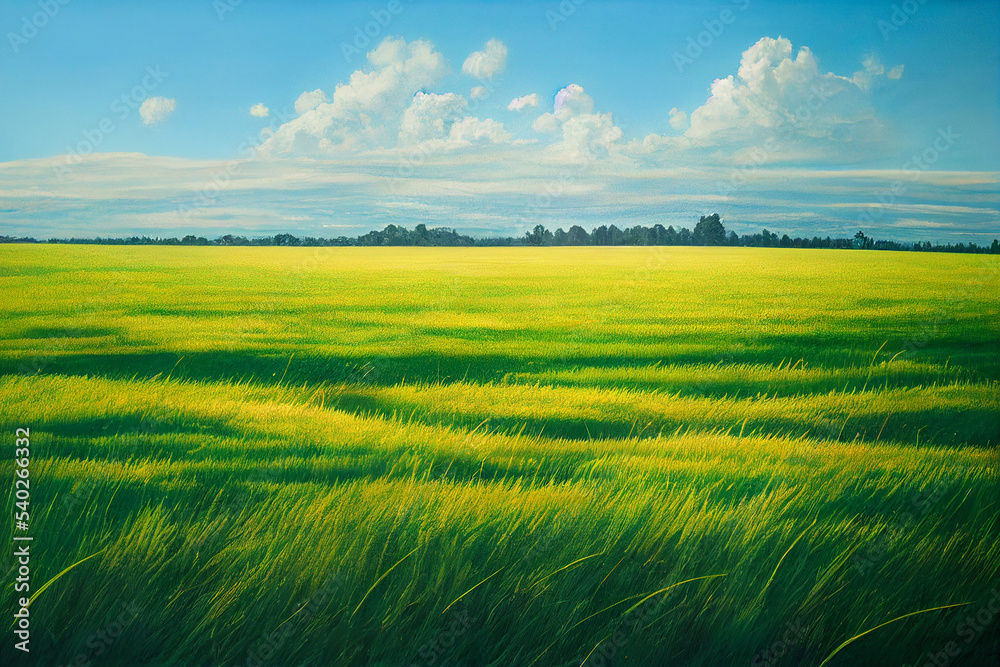 Fototapeta premium Green field, tree and blue sky. Great as a background,web banner.