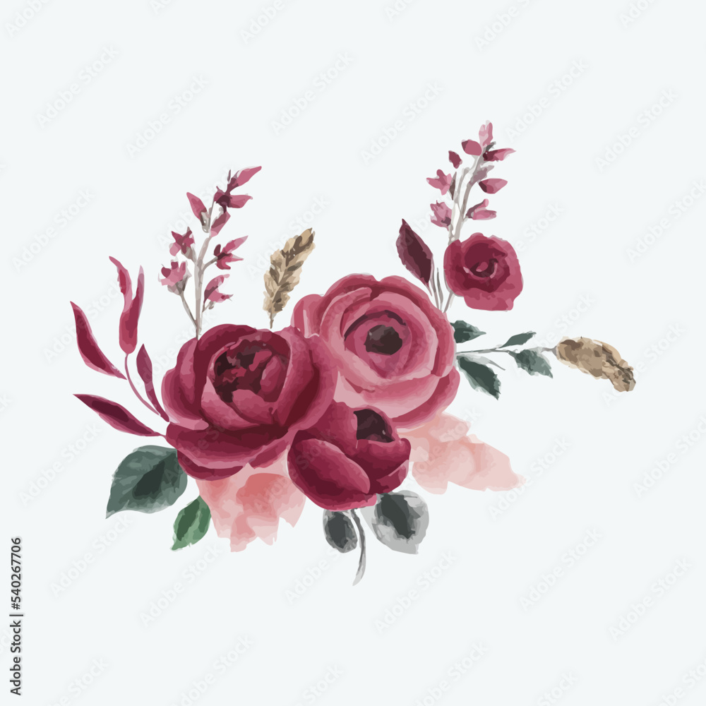 Watercolor floral frame bouquets of roses and leaf design