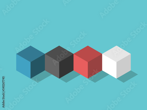 Four isometric different cubes on turquoise blue background. Variety, diversity, teamwork, individuality and community concept. Flat design. EPS 8 vector illustration, no transparency, no gradients