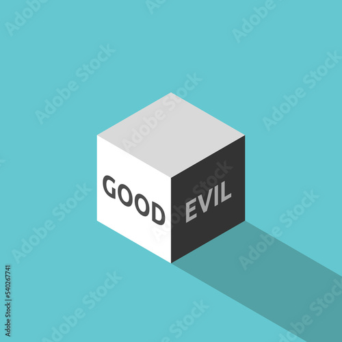 Isometric cube, good and evil dark side. Hypocrisy, hidden secret, duality, ambiguity, uncertainty and doubt concept. Flat design. EPS 8 vector illustration, no transparency, no gradients