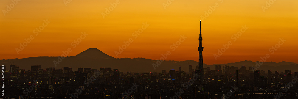 Silhouette of Tokyo skytree and Mt. Fuji on orange sky background.