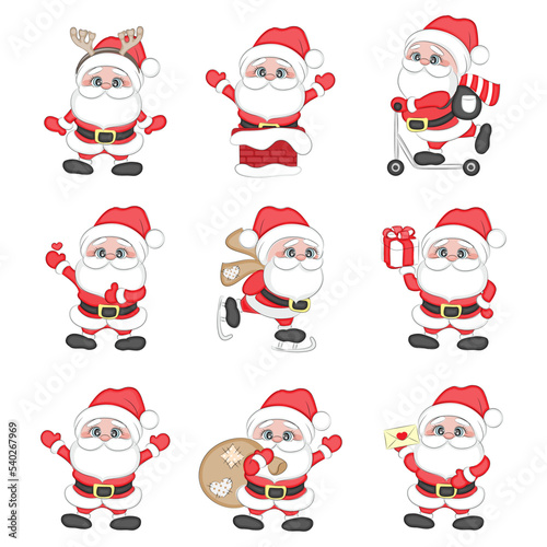 Set of cute cartoon Santa Clauses, vector illustration