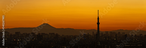 Silhouette of Tokyo skytree and Mt. Fuji on orange sky background.