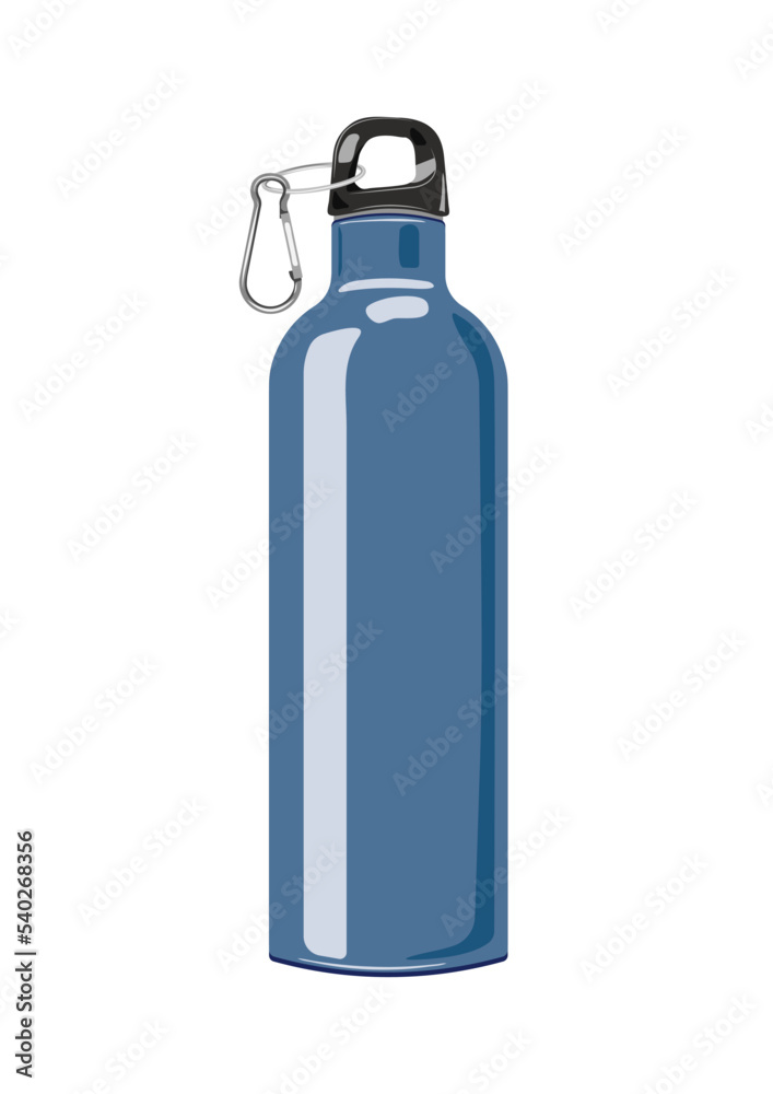 Reusable water bottle, blue metallic thermos. Eecological bottle for beverages. Reduce plastic waste healthy alternative. Illustratoin in a flat style is isolated on a white background Reusable water bottle, blue metallic thermos. Eecological bottle for beverages. Reduce plastic waste healthy alternative. Illustratoin in a flat style is isolated on a white background