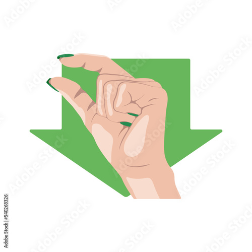 A little bit hand gesture vector illustration. Female hand with green manicure. A little bit hand gesture  and green arrow pointing down. Illustratoin in a flat style is isolated on a white background