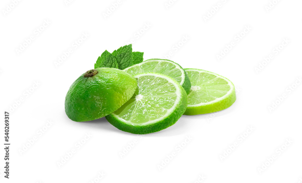 Sliced juicy green lime. Closeup. Isolated on a white background