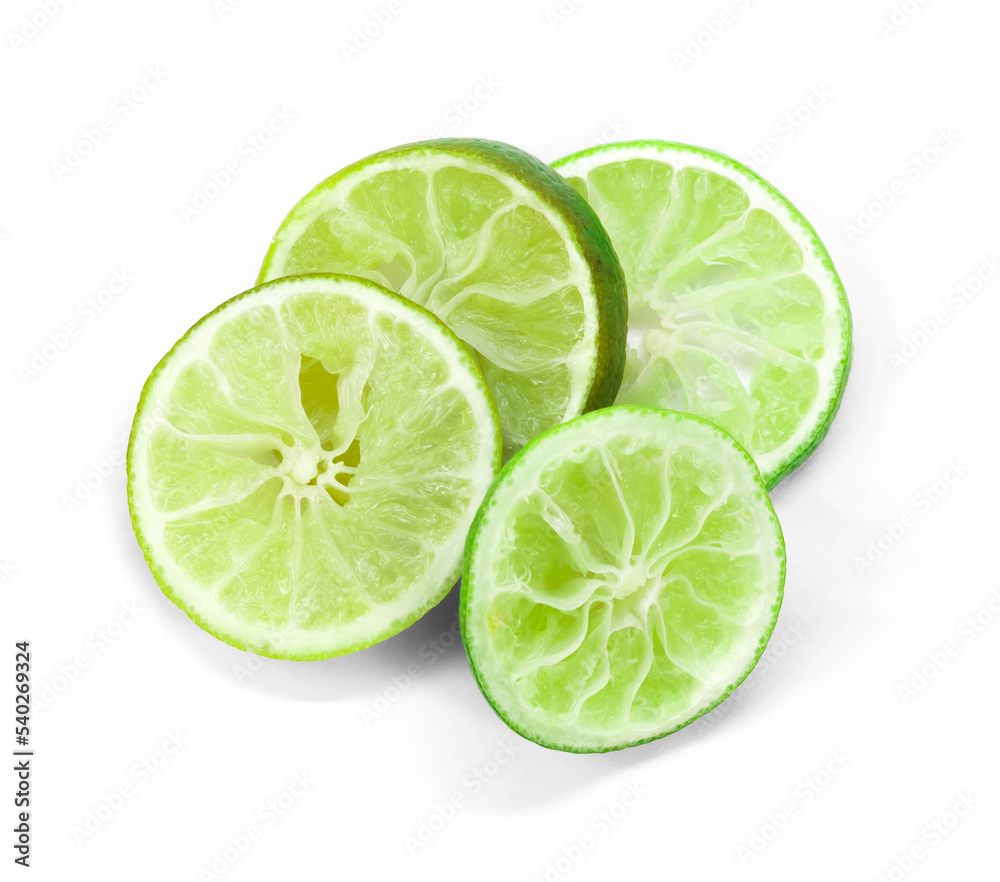 Squeezed lime slices isolated on white background. Closeup