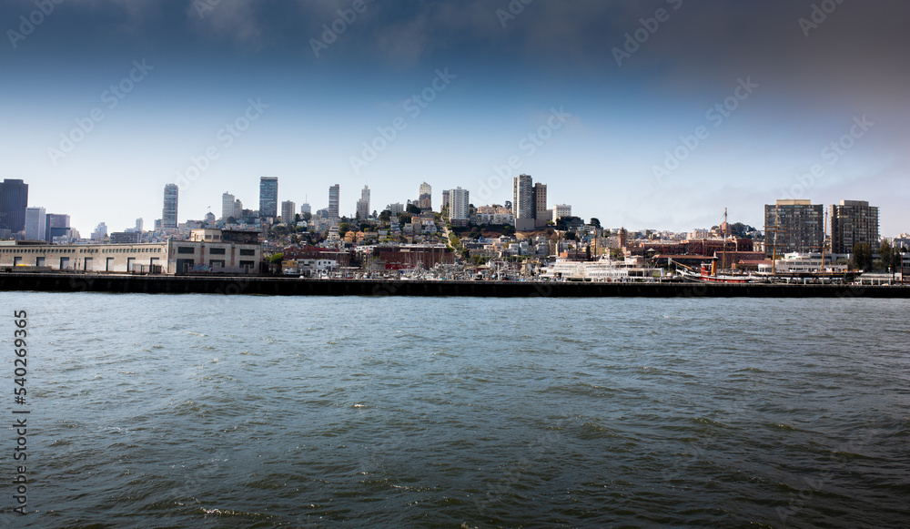 Skyline of San Franciso, California, from the Sea with Skykrapers and harbour