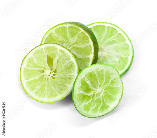 Squeezed lime slices isolated on white background. Closeup