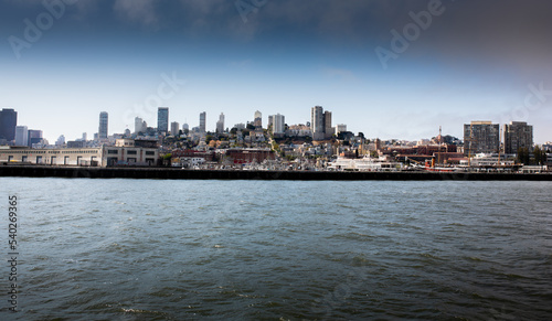 Skyline of San Franciso  California  from the Sea with Skykrapers and harbour