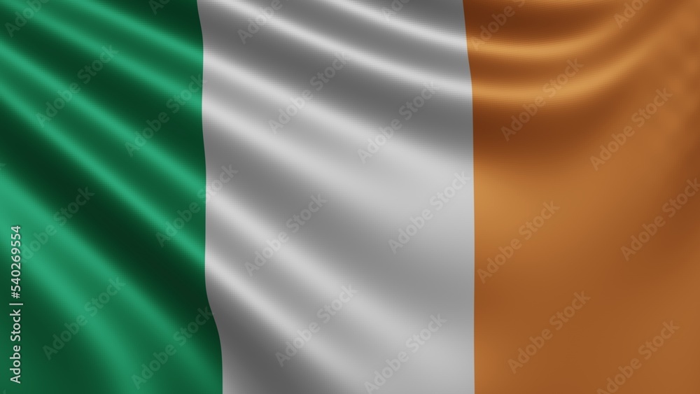 Render of the Ireland flag flutters in the wind close-up, the national flag of Ireland flutters in 4k resolution, close-up, colors: RGB. High quality 3d illustration
